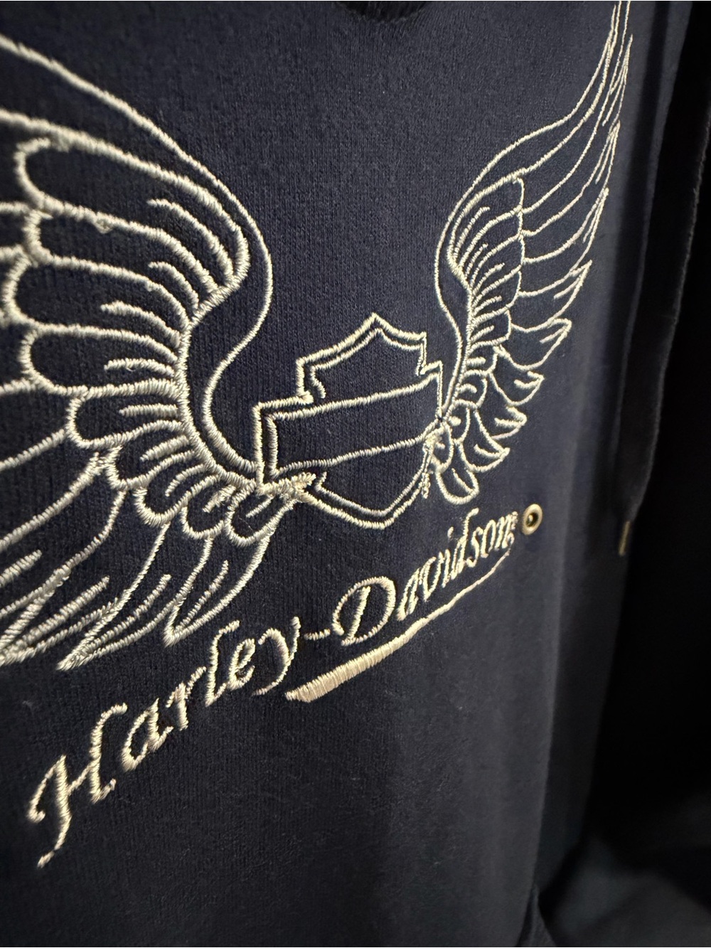 Harley Davidson Winged Bar & Shield V Neck Hoodie Sweatshirt Navy Blue - Picture 2 of 4